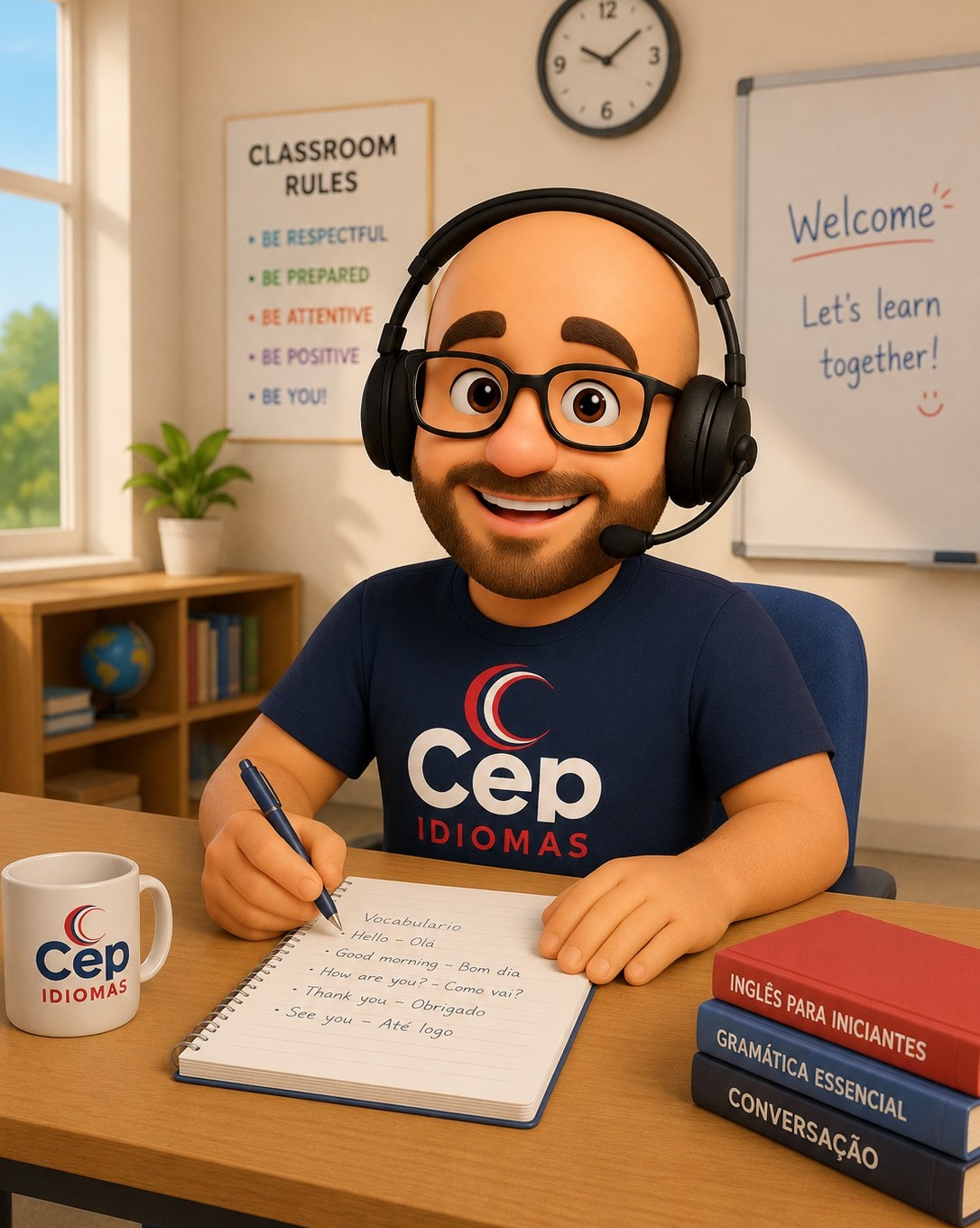 Avatar do professor César dando aula no CEP Idiomas